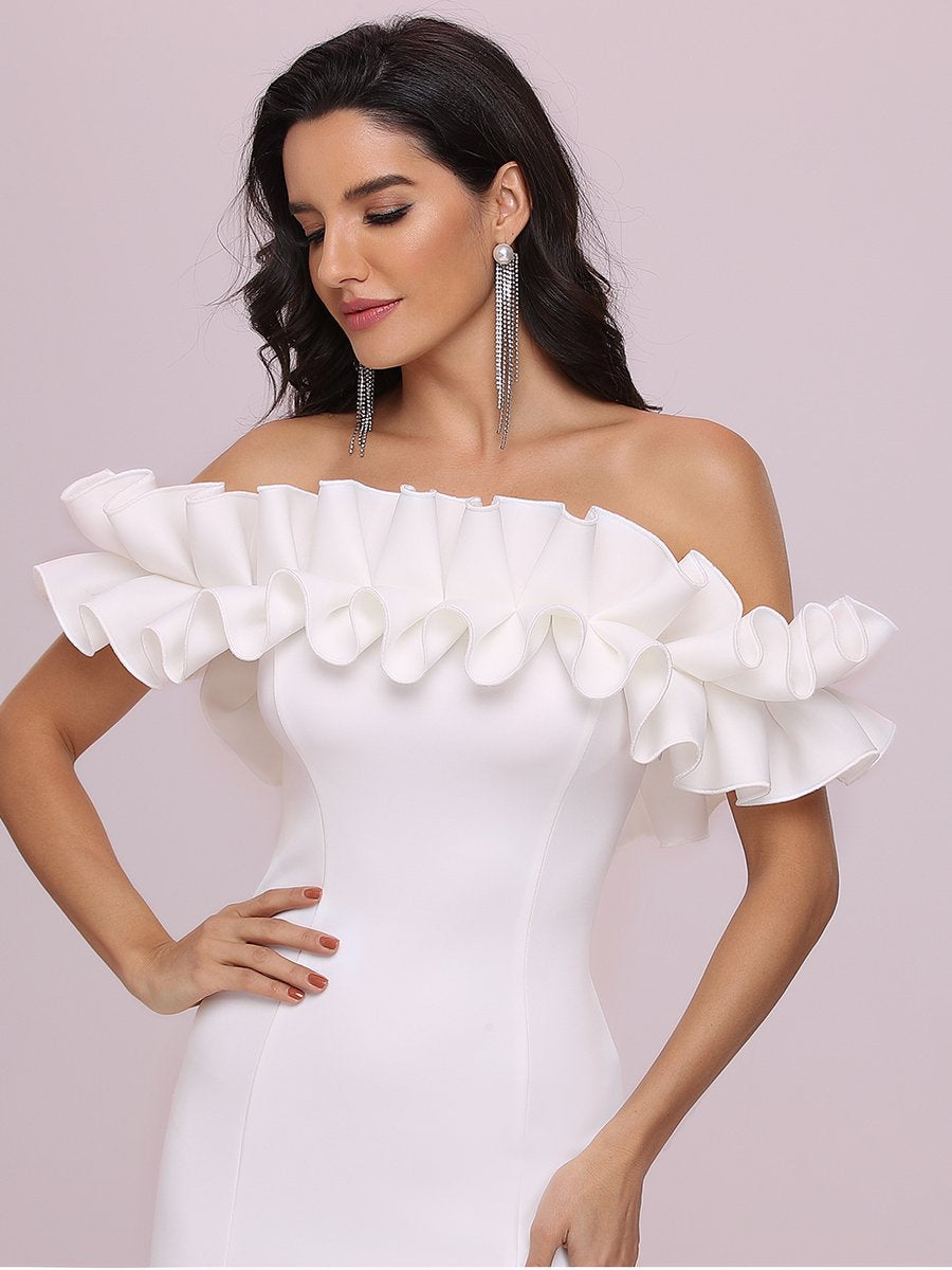 Color=Cream | Cute Wholesale Ruffled Off Shoulder Long Fishtail Evening Dress-Cream 5