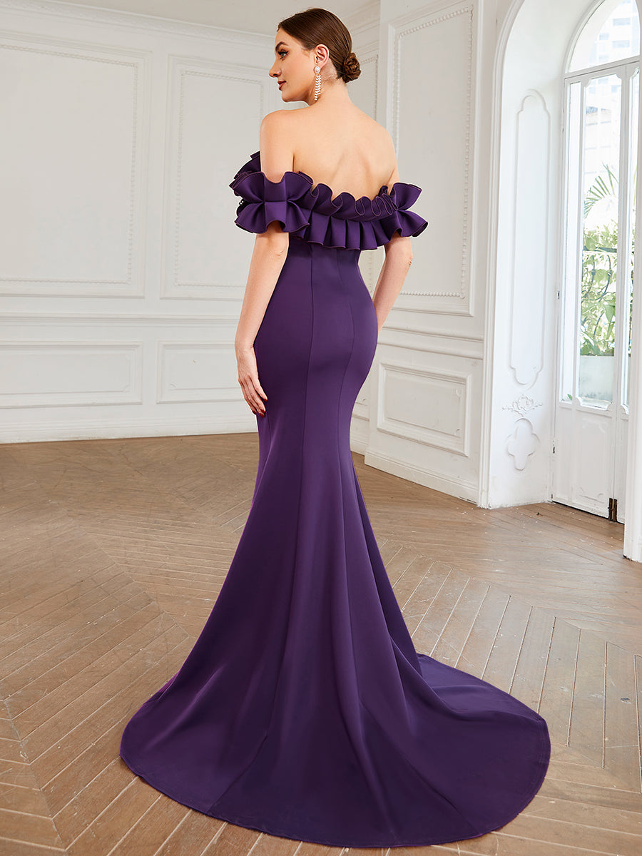Color=Dark Purple | Cute Wholesale Ruffled Off Shoulder Long Fishtail Evening Dress-Dark Purple 2
