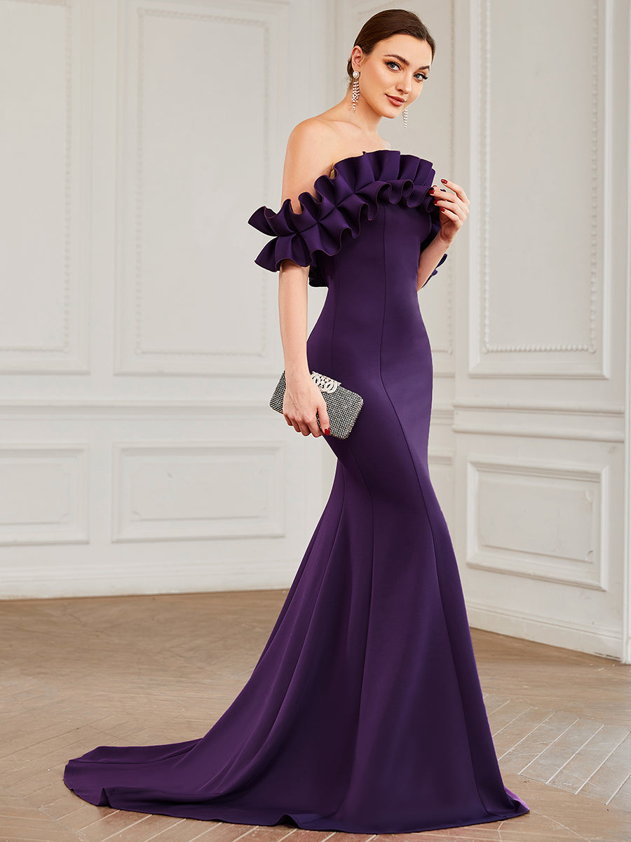 Color=Dark Purple | Cute Wholesale Ruffled Off Shoulder Long Fishtail Evening Dress-Dark Purple 3