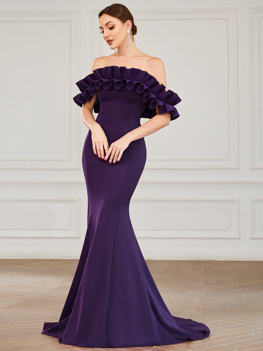 Color=Dark Purple | Cute Wholesale Ruffled Off Shoulder Long Fishtail Evening Dress-Dark Purple 4