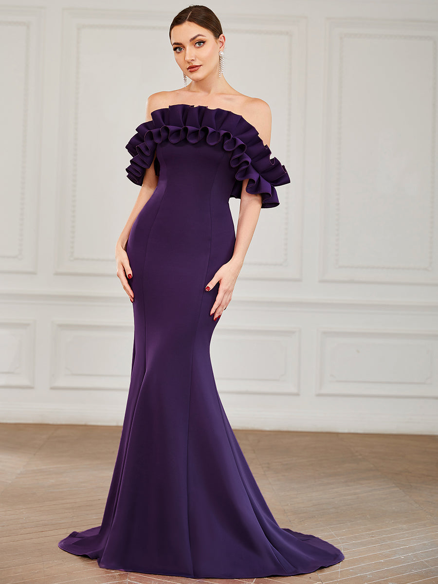Color=Dark Purple | Cute Wholesale Ruffled Off Shoulder Long Fishtail Evening Dress-Dark Purple 1
