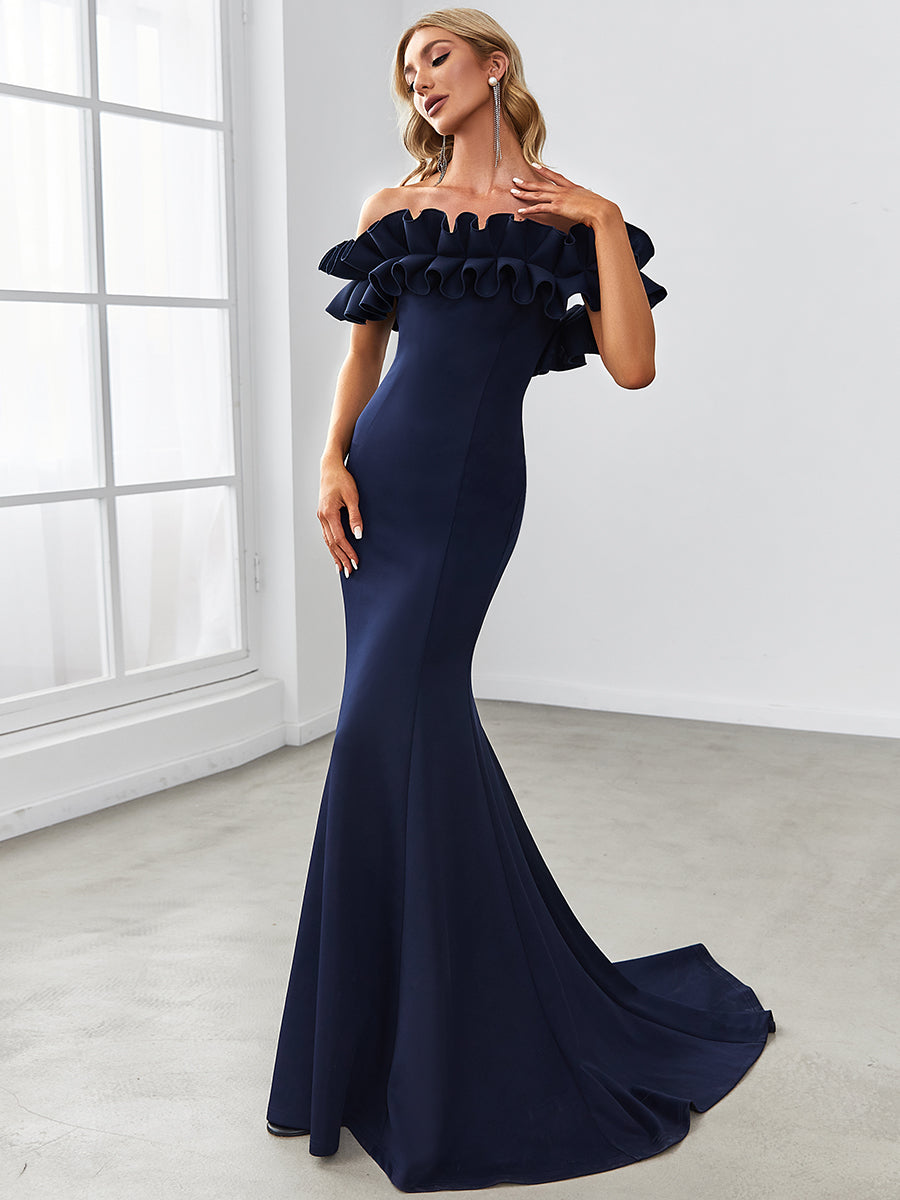 Color=Navy Blue | Cute Wholesale Ruffled Off Shoulder Long Fishtail Evening Dress-Navy Blue 3
