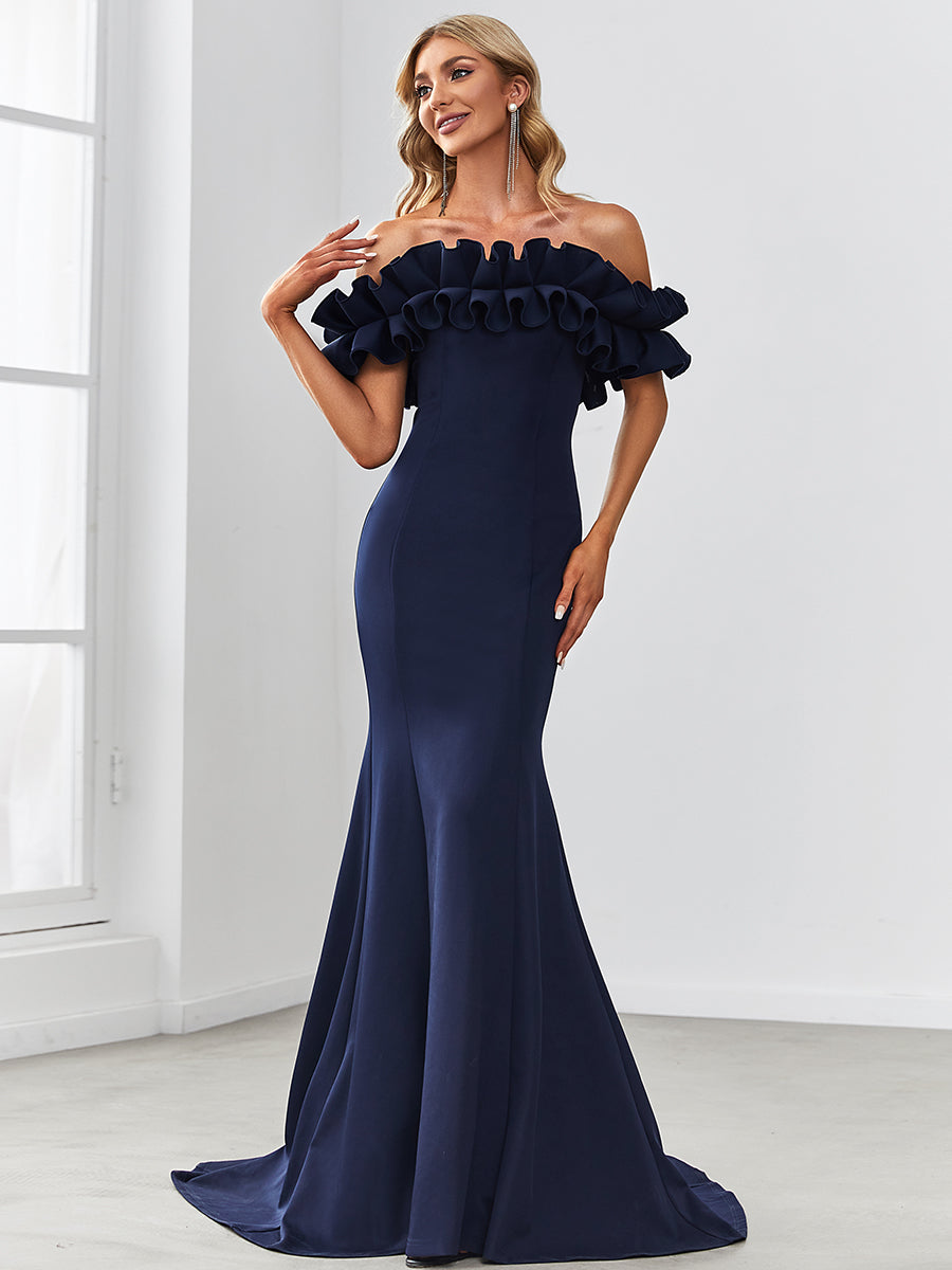 Color=Navy Blue | Cute Wholesale Ruffled Off Shoulder Long Fishtail Evening Dress-Navy Blue 4