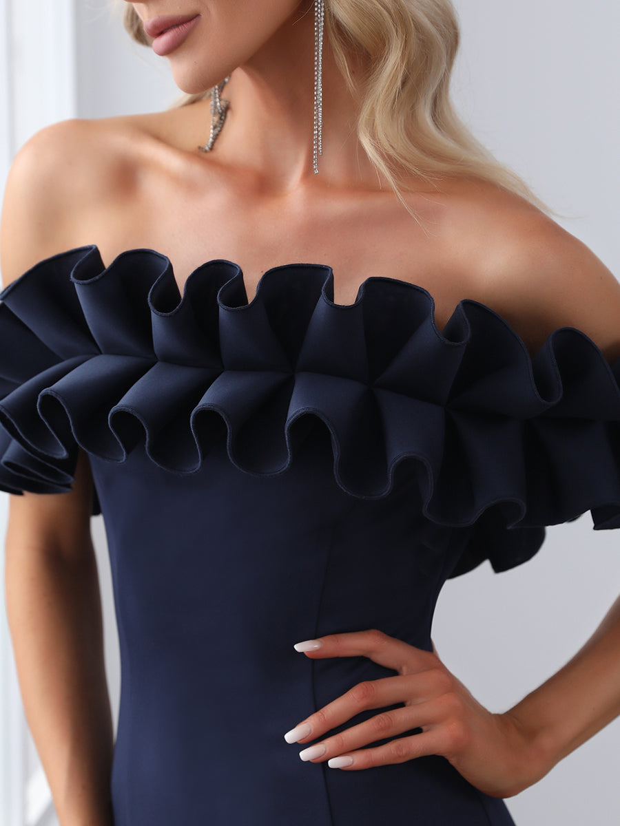 Color=Navy Blue | Cute Wholesale Ruffled Off Shoulder Long Fishtail Evening Dress-Navy Blue 5