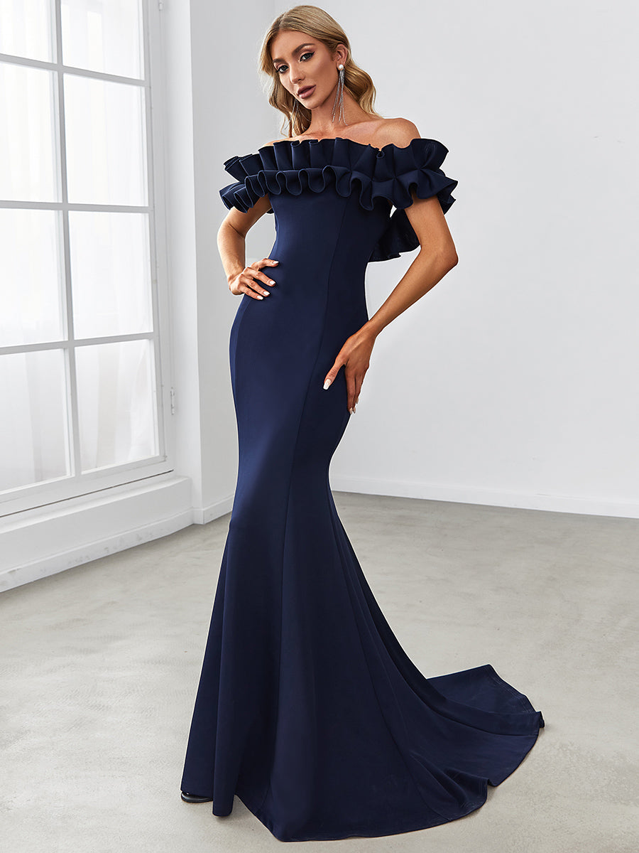 Color=Navy Blue | Cute Wholesale Ruffled Off Shoulder Long Fishtail Evening Dress-Navy Blue 1