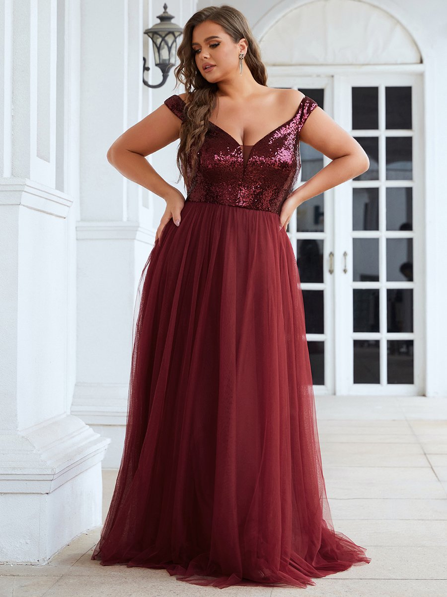 Color=Burgundy | Wholesale High Waist Tulle & Sequin Sleeveless Evening Dress-Burgundy 5