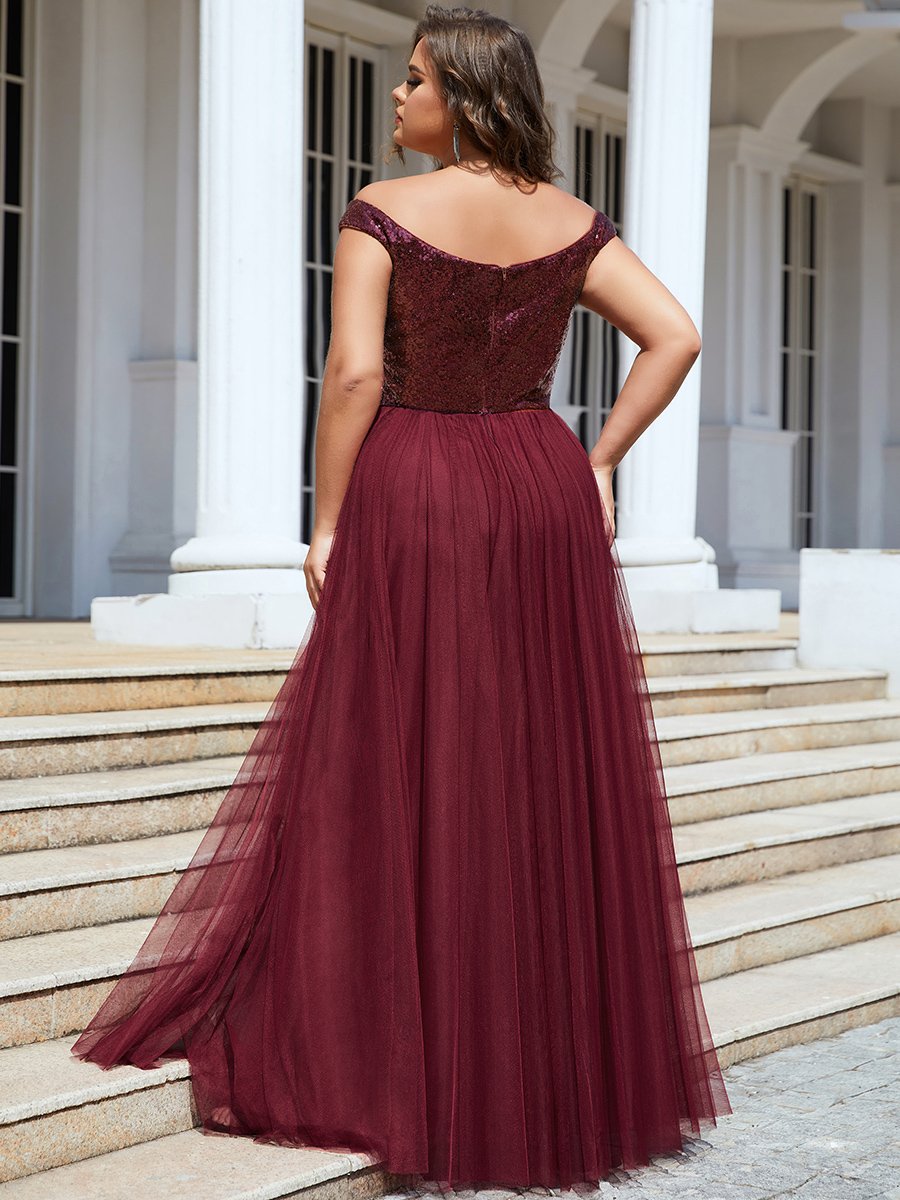 Color=Burgundy | Wholesale High Waist Tulle & Sequin Sleeveless Evening Dress-Burgundy 7
