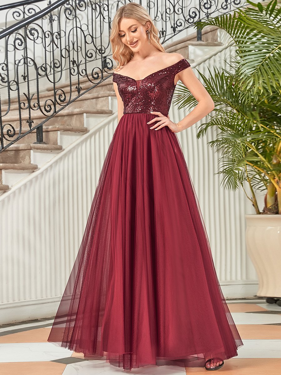 Color=Burgundy | Wholesale High Waist Tulle & Sequin Sleeveless Evening Dress-Burgundy 1