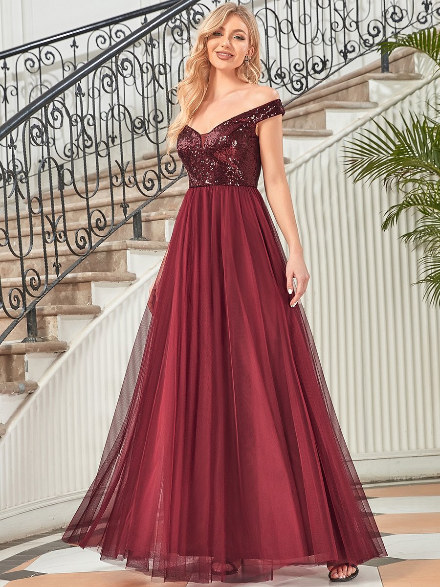 Color=Burgundy | Wholesale High Waist Tulle & Sequin Sleeveless Evening Dress-Burgundy 6