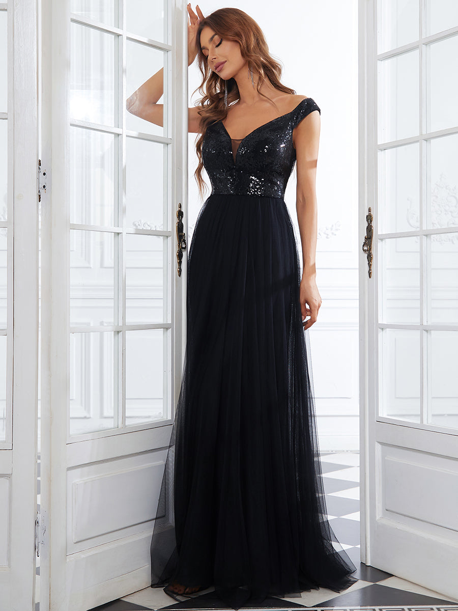 Color=Black | Wholesale High Waist Tulle & Sequin Sleeveless Evening Dress-Black 4