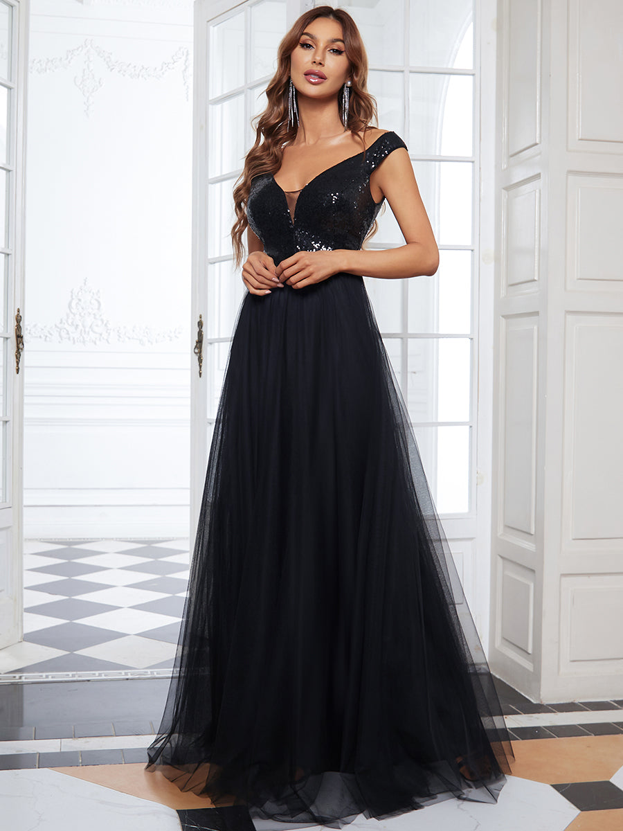 Color=Black | Wholesale High Waist Tulle & Sequin Sleeveless Evening Dress-Black 1
