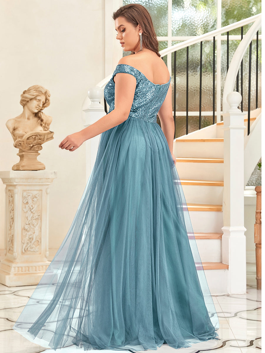 Color=Dusty Blue | Plus Size Wholesale High Waist Tulle & Sequin Sleevless Evening Dress-Dusty Blue 2