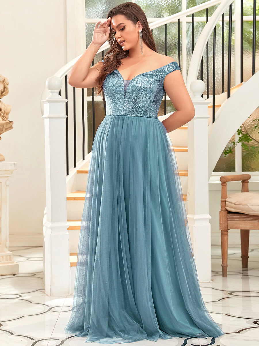 Color=Dusty Blue | Plus Size Wholesale High Waist Tulle & Sequin Sleevless Evening Dress-Dusty Blue 3