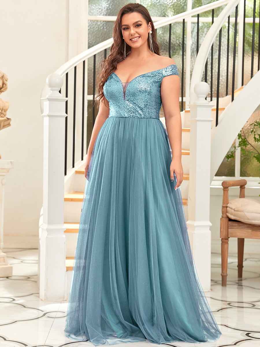 Color=Dusty Blue | Plus Size Wholesale High Waist Tulle & Sequin Sleevless Evening Dress-Dusty Blue 1