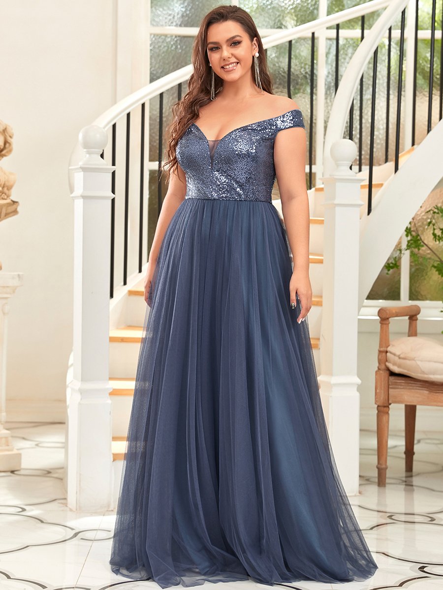 Color=Dusty Blue | Wholesale High Waist Tulle & Sequin Sleeveless Evening Dress-Dusty Blue 6