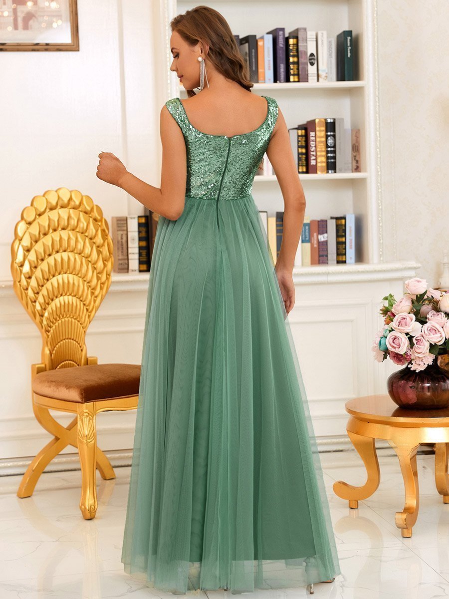 Color=Green Bean | Wholesale High Waist Tulle & Sequin Sleevless Evening Dress-Green Bean 2
