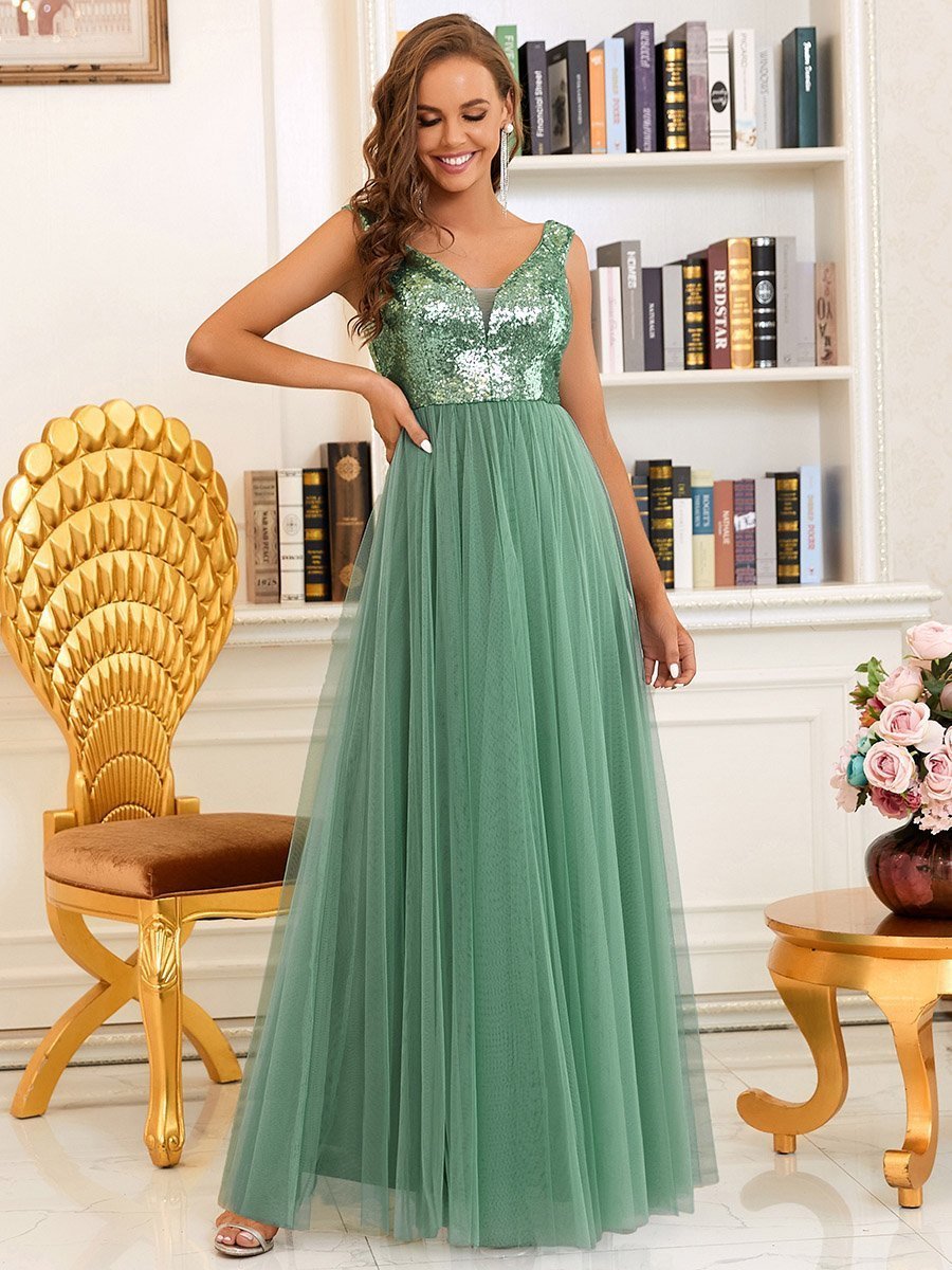 Color=Green Bean | Wholesale High Waist Tulle & Sequin Sleevless Evening Dress-Green Bean 1