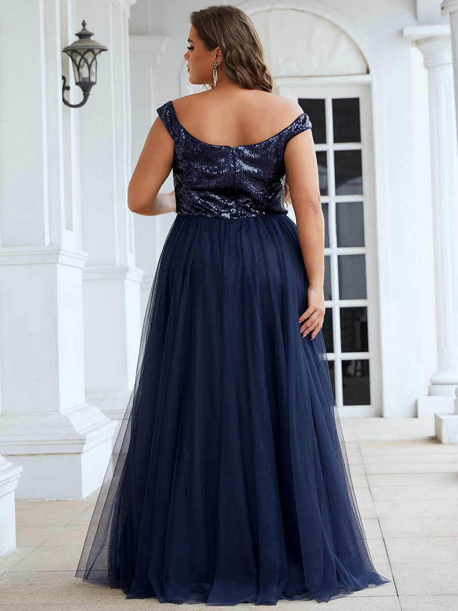 Color=Navy Blue | Plus Size Wholesale High Waist Tulle & Sequin Sleevless Evening Dress-Navy Blue 2
