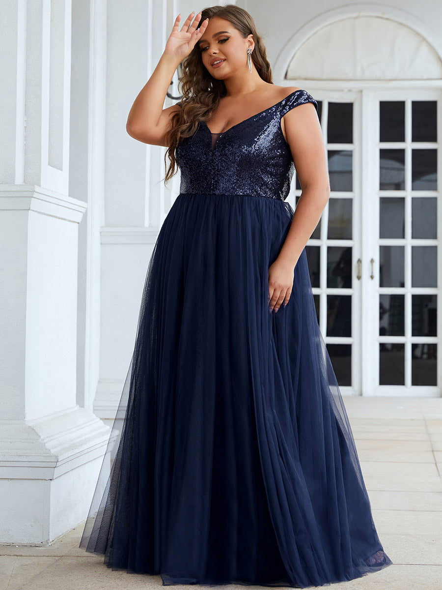 Color=Navy Blue | Plus Size Wholesale High Waist Tulle & Sequin Sleevless Evening Dress-Navy Blue 3