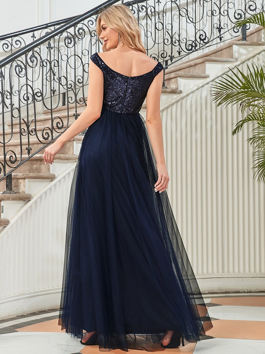 Color=Navy Blue | Wholesale High Waist Tulle & Sequin Sleeveless Evening Dress-Navy Blue 4