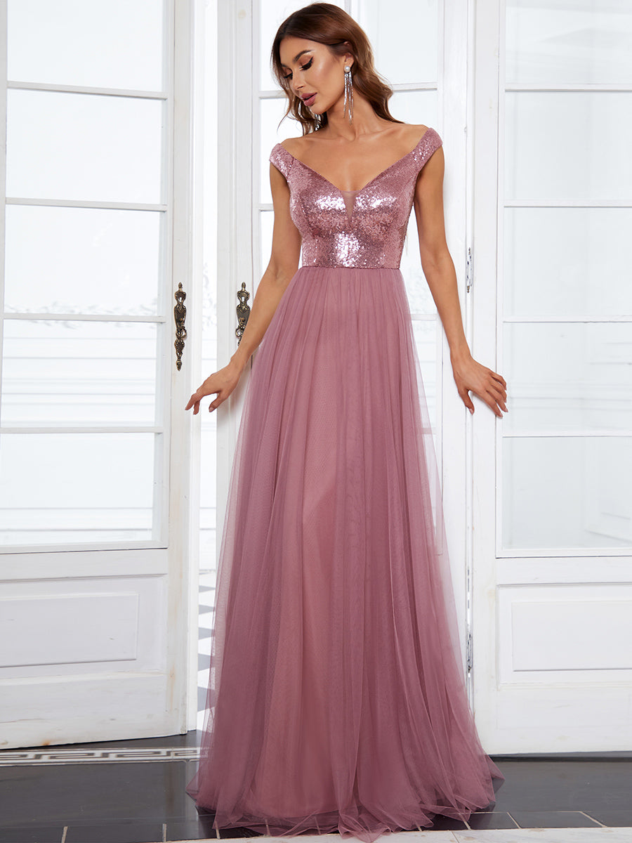 Color=Orchid | Wholesale High Waist Tulle & Sequin Sleeveless Evening Dress-Orchid 3