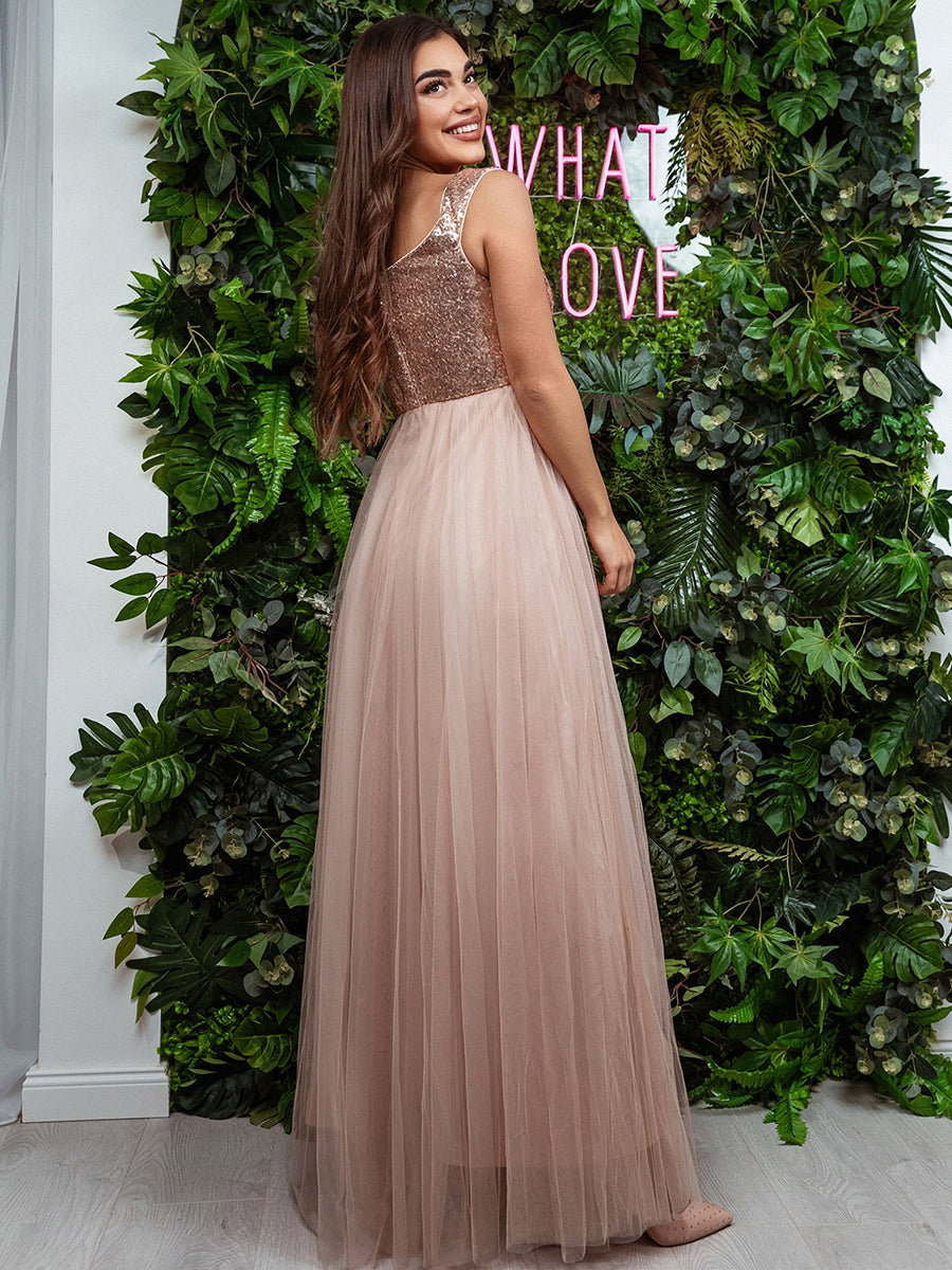 Color=Rose Gold | Wholesale High Waist Tulle & Sequin Sleevless Evening Dress-Rose Gold 2