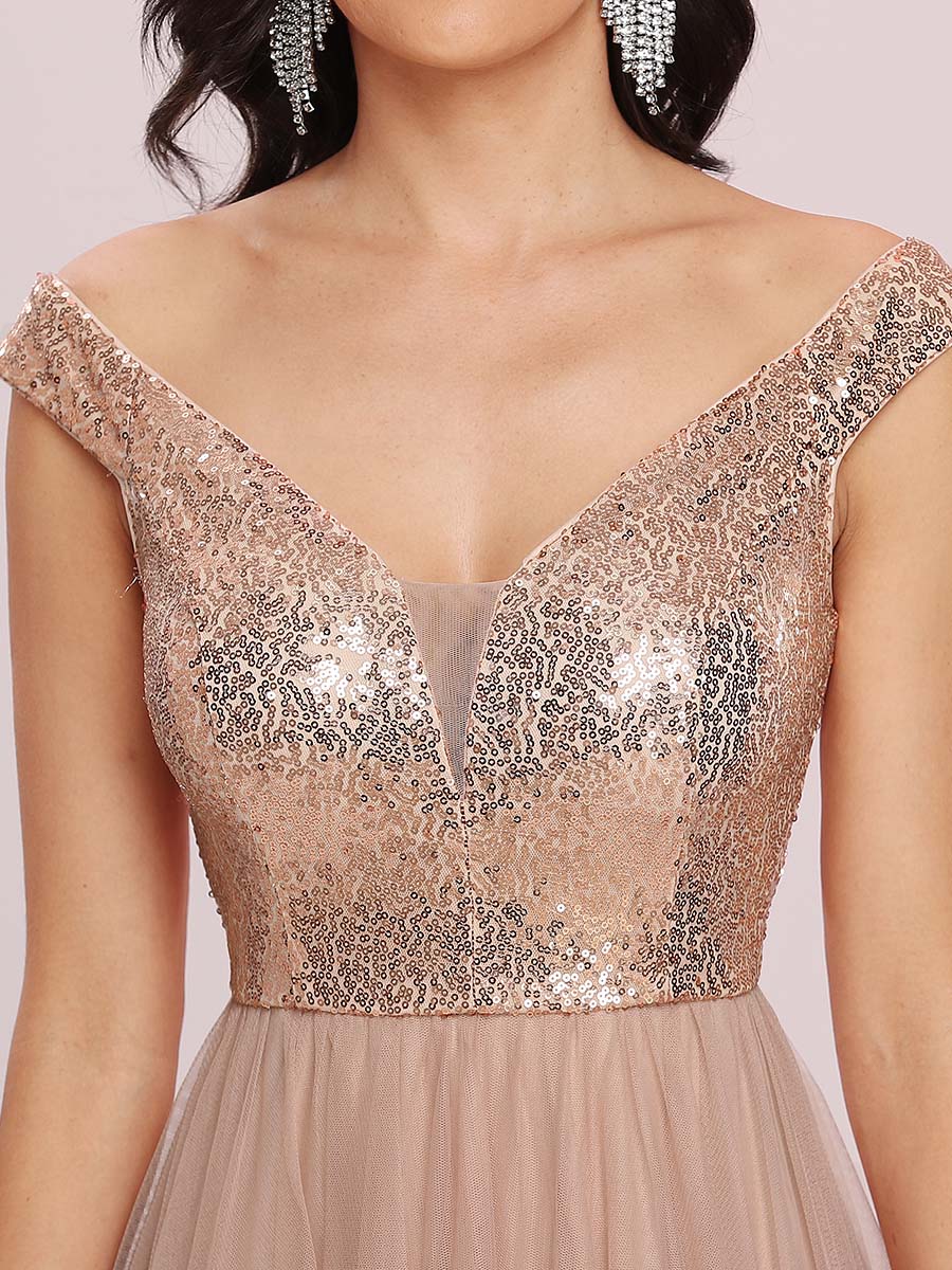 Color=Rose Gold | Wholesale High Waist Tulle & Sequin Sleevless Evening Dress-Rose Gold 6