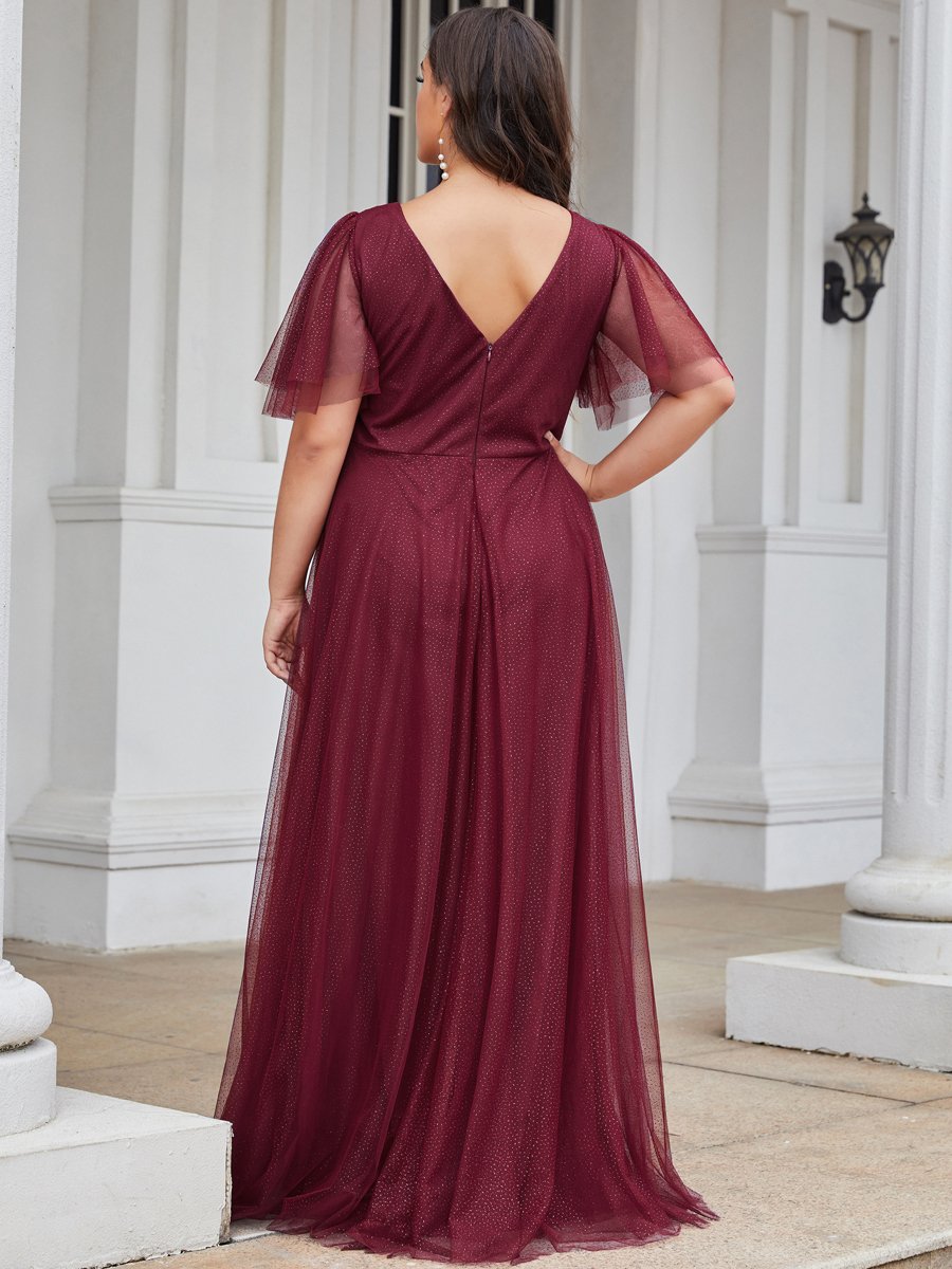 Color=Burgundy | Plus Size Wholesale Tulle Evening Dress With Deep V Neck-Burgundy 2