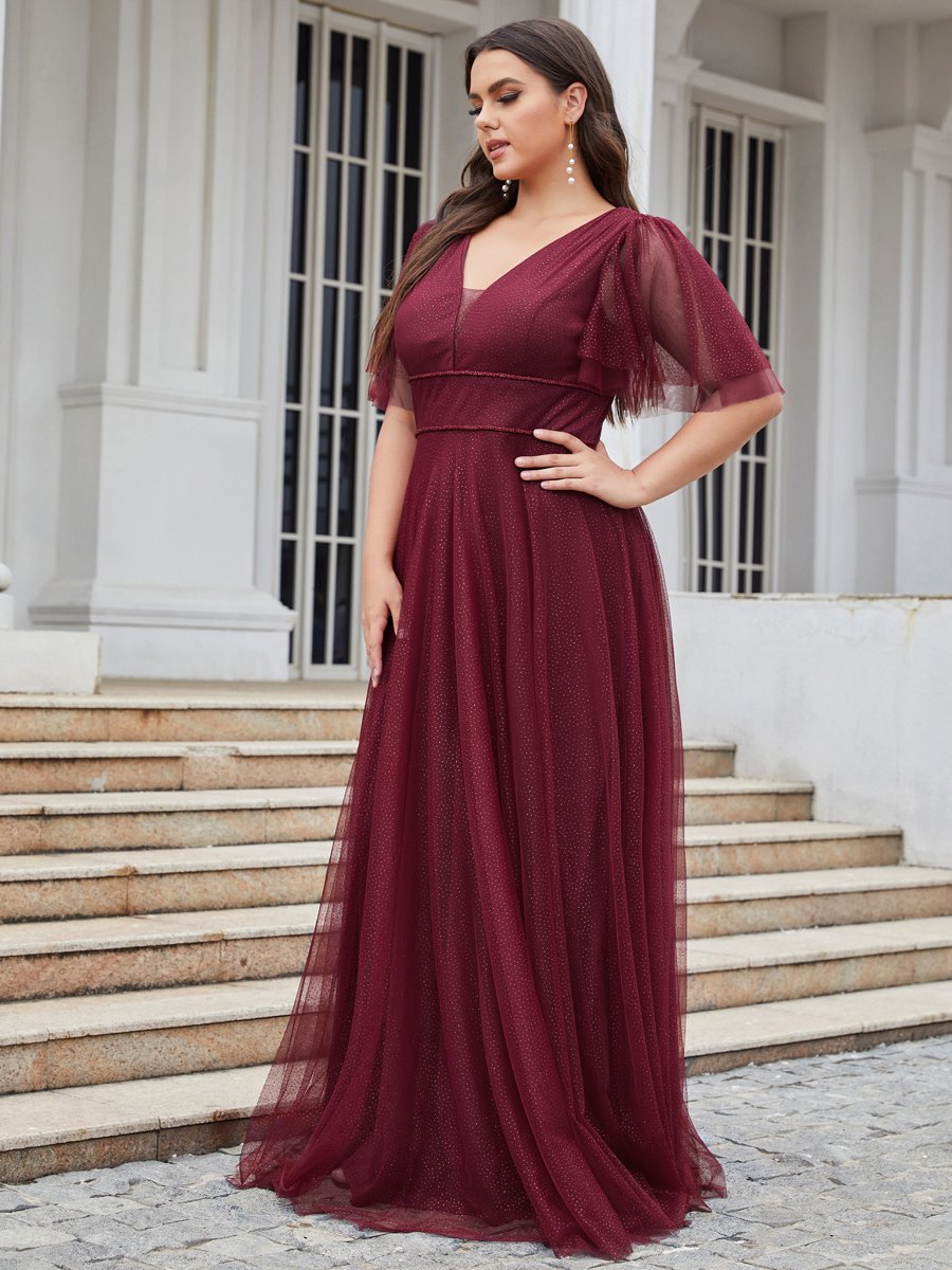 Color=Burgundy | Plus Size Wholesale Tulle Evening Dress With Deep V Neck-Burgundy 3