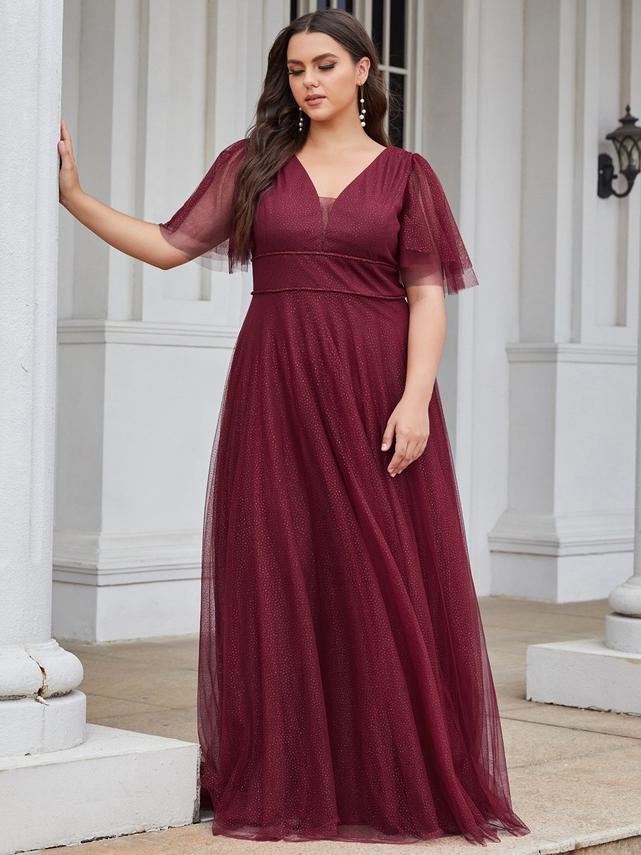 Color=Burgundy | Wholesale Long Deep V Neck Maxi A-Line Tulle Evening Dress-Burgundy 4