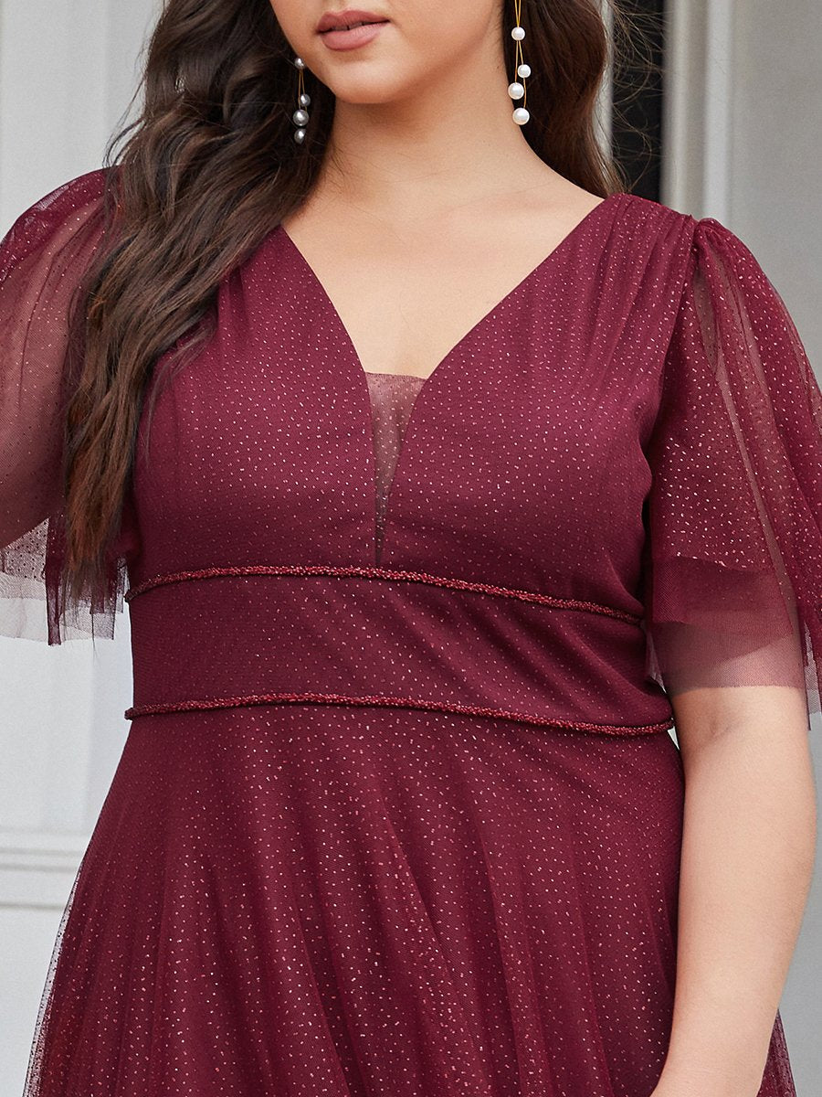 Color=Burgundy | Plus Size Wholesale Tulle Evening Dress With Deep V Neck-Burgundy 5