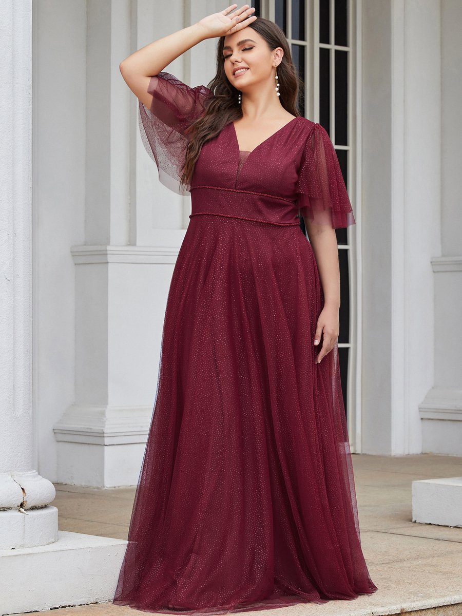 Color=Burgundy | Wholesale Long Deep V Neck Maxi A-Line Tulle Evening Dress-Burgundy 1