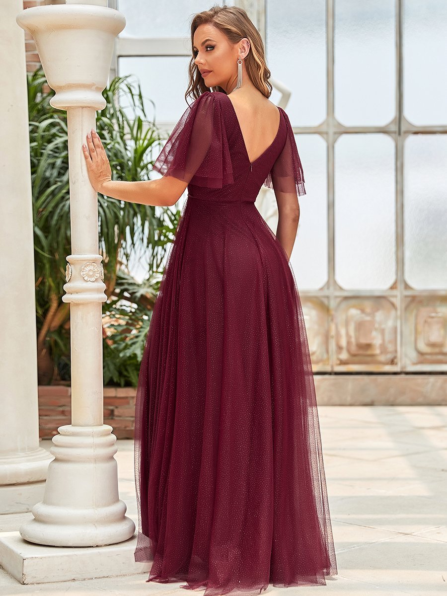 Color=Burgundy | Wholesale Long Deep V Neck Maxi A-Line Tulle Evening Dress-Burgundy 7