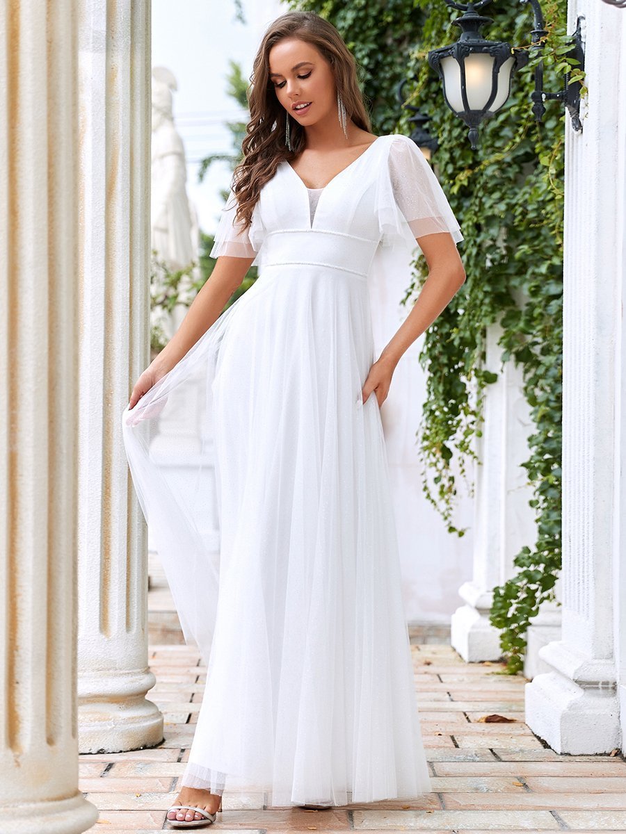 Color=Cream | Wholesale Long Deep V Neck Maxi A-Line Tulle Evening Dress-Cream 1