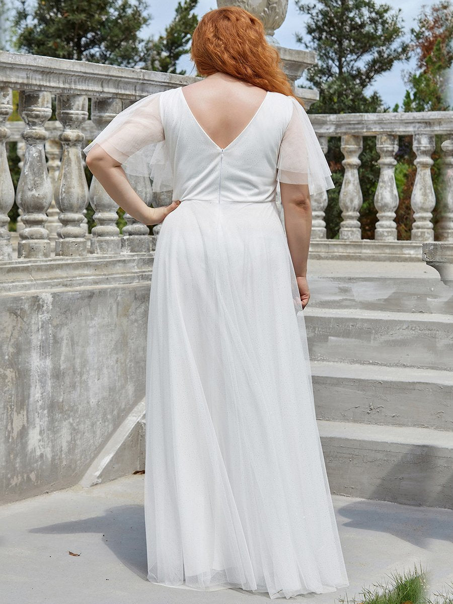 Color=Cream | Plus Size Wholesale Tulle Evening Dress With Deep V Neck-Cream 2