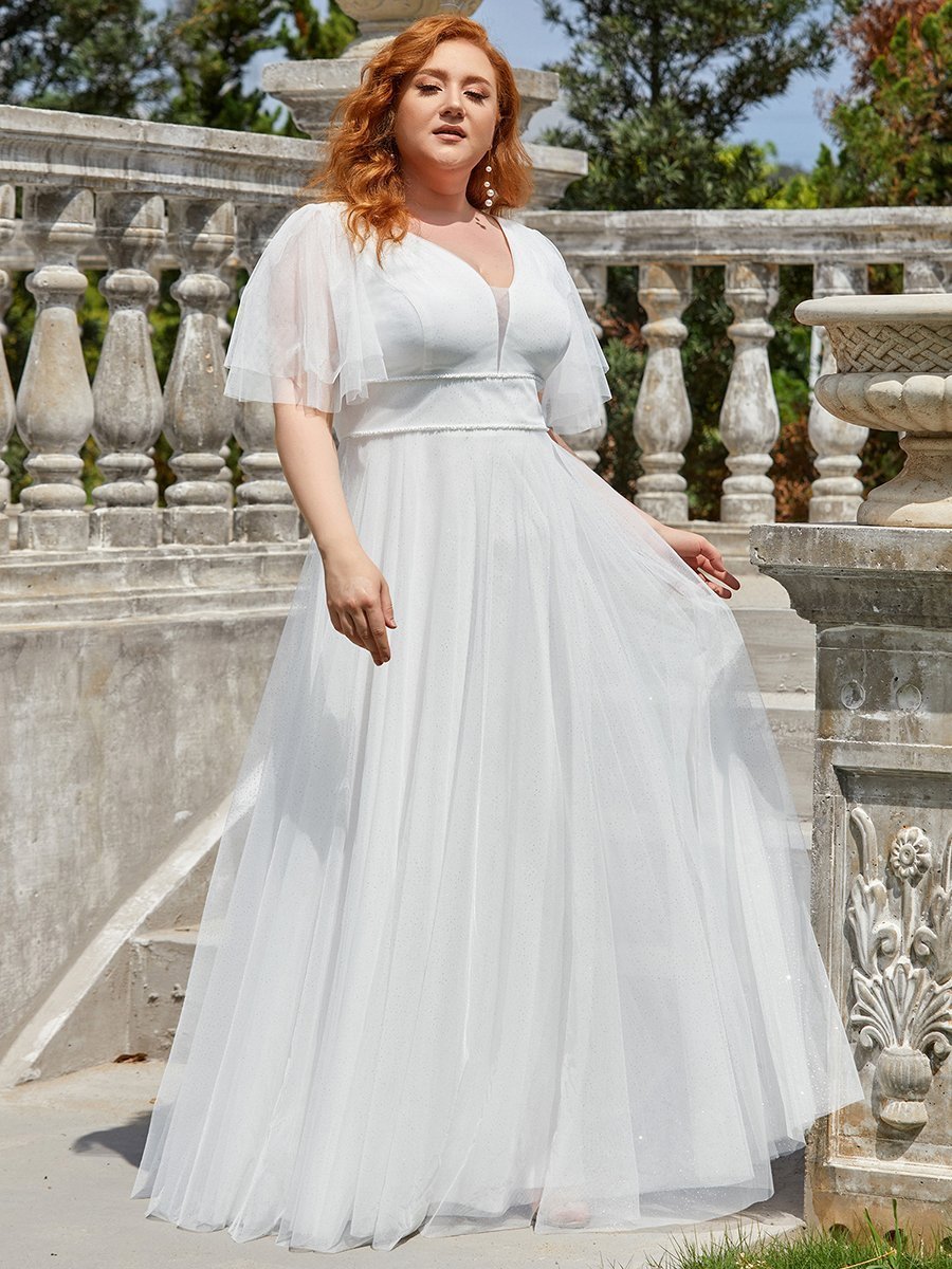 Color=Cream | Plus Size Wholesale Tulle Evening Dress With Deep V Neck-Cream 3