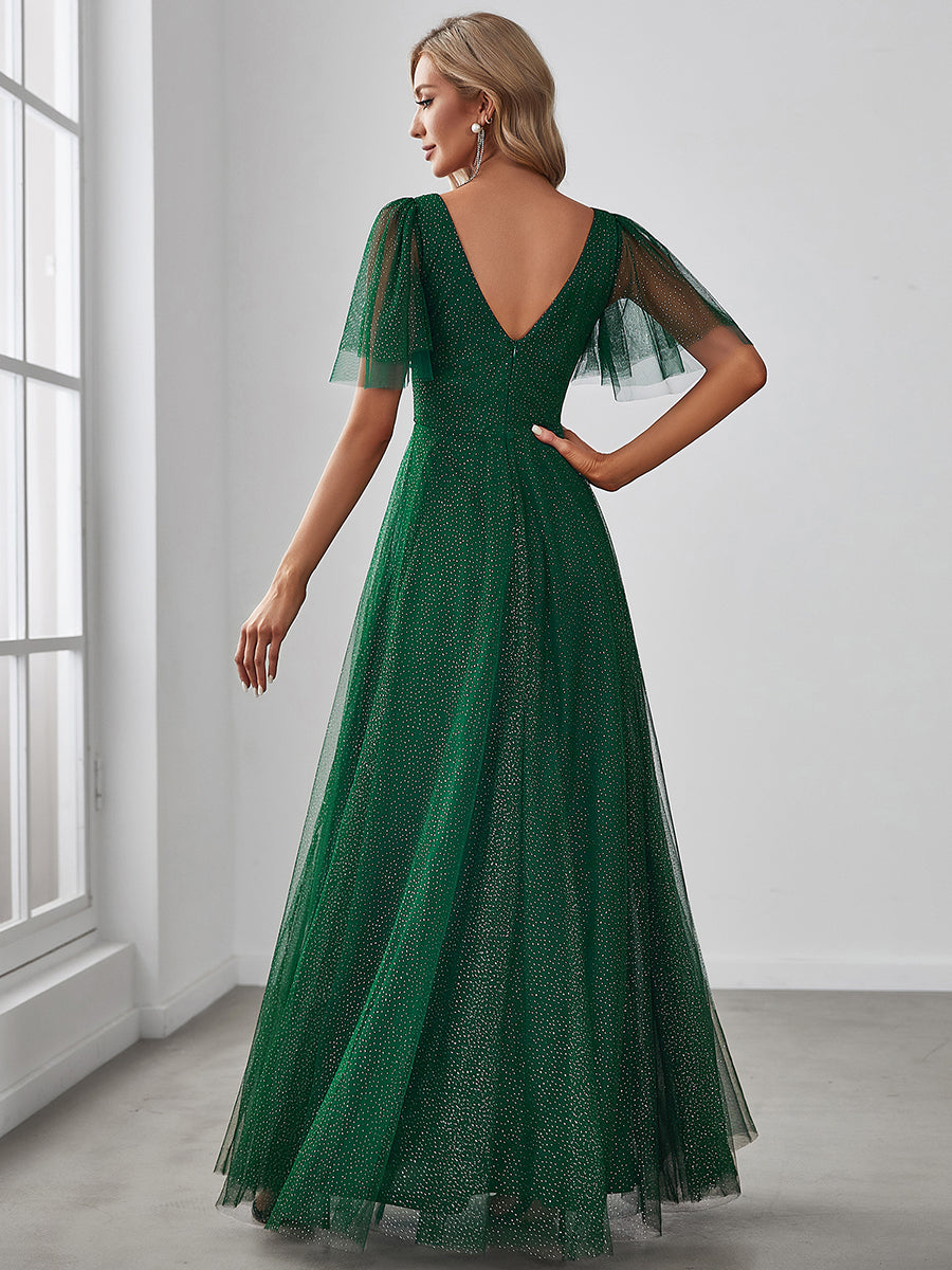 Color=Dark Green | Wholesale Long Deep V Neck Maxi A-Line Tulle Evening Dress-Dark Green 2