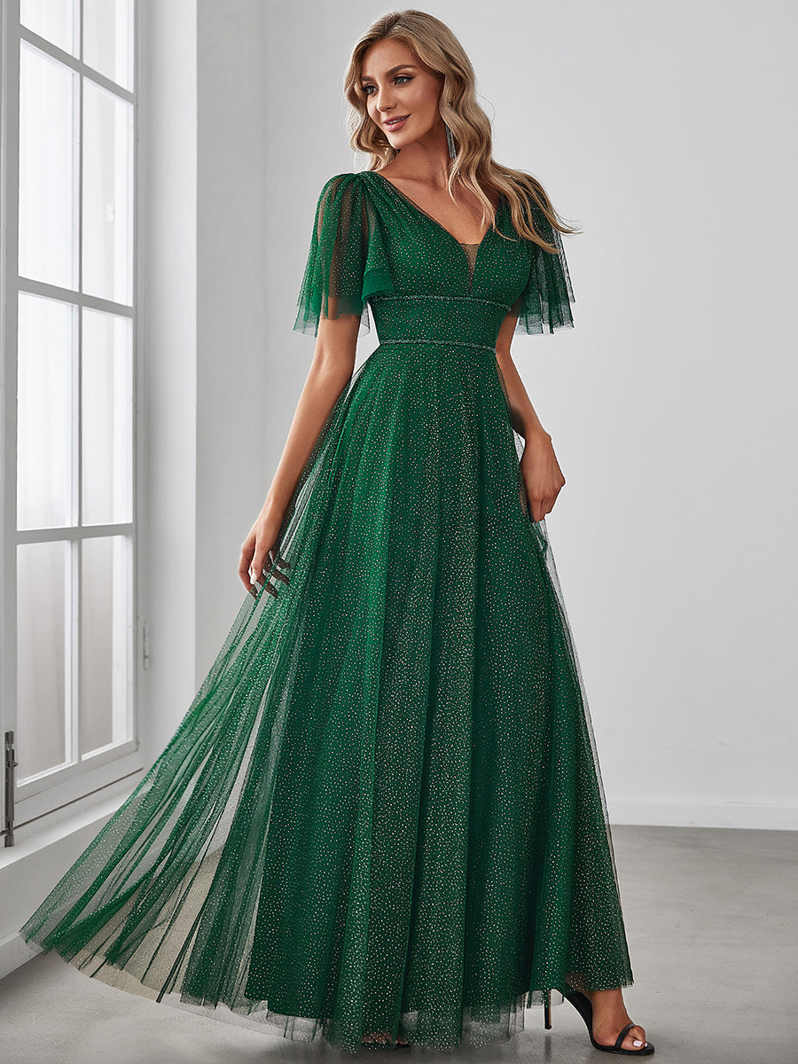 Color=Dark Green | Wholesale Long Deep V Neck Maxi A-Line Tulle Evening Dress-Dark Green 3