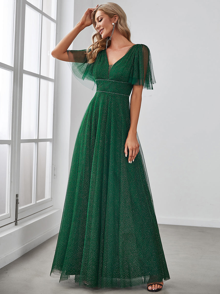 Color=Dark Green | Wholesale Long Deep V Neck Maxi A-Line Tulle Evening Dress-Dark Green 4