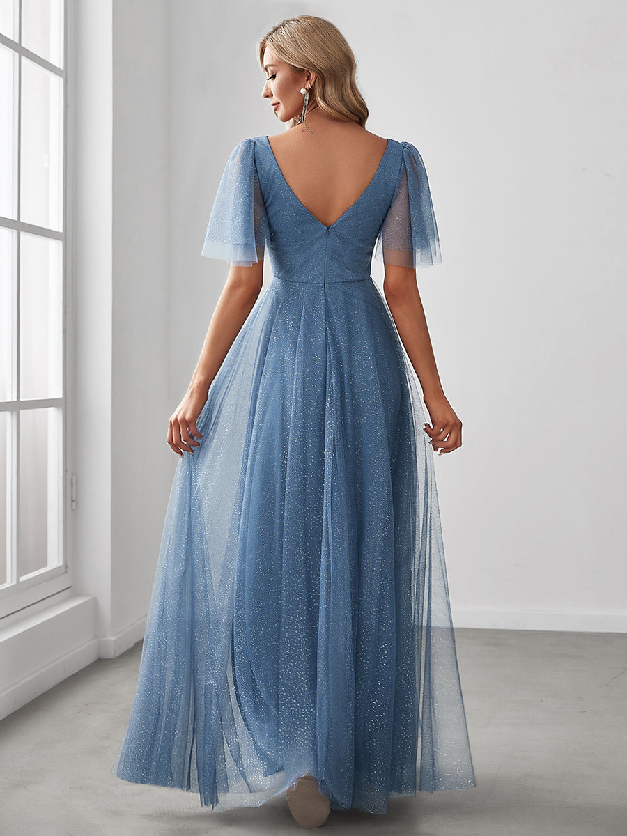 Color=Dusty Blue | Plus Size Wholesale Tulle Evening Dress With Deep V Neck-Dusty Blue 2