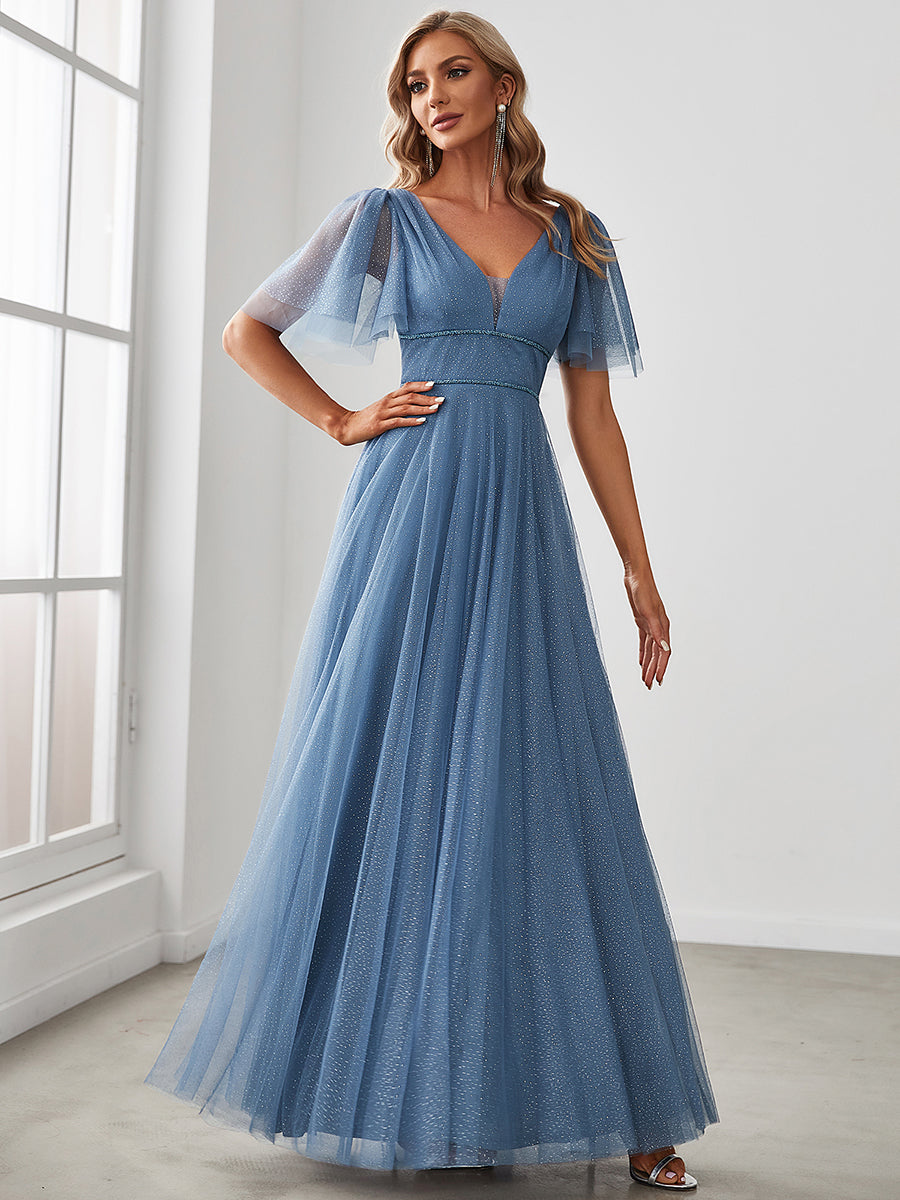 Color=Dusty Navy | Wholesale Long Deep V Neck Maxi A-Line Tulle Evening Dress-Dusty Navy 4