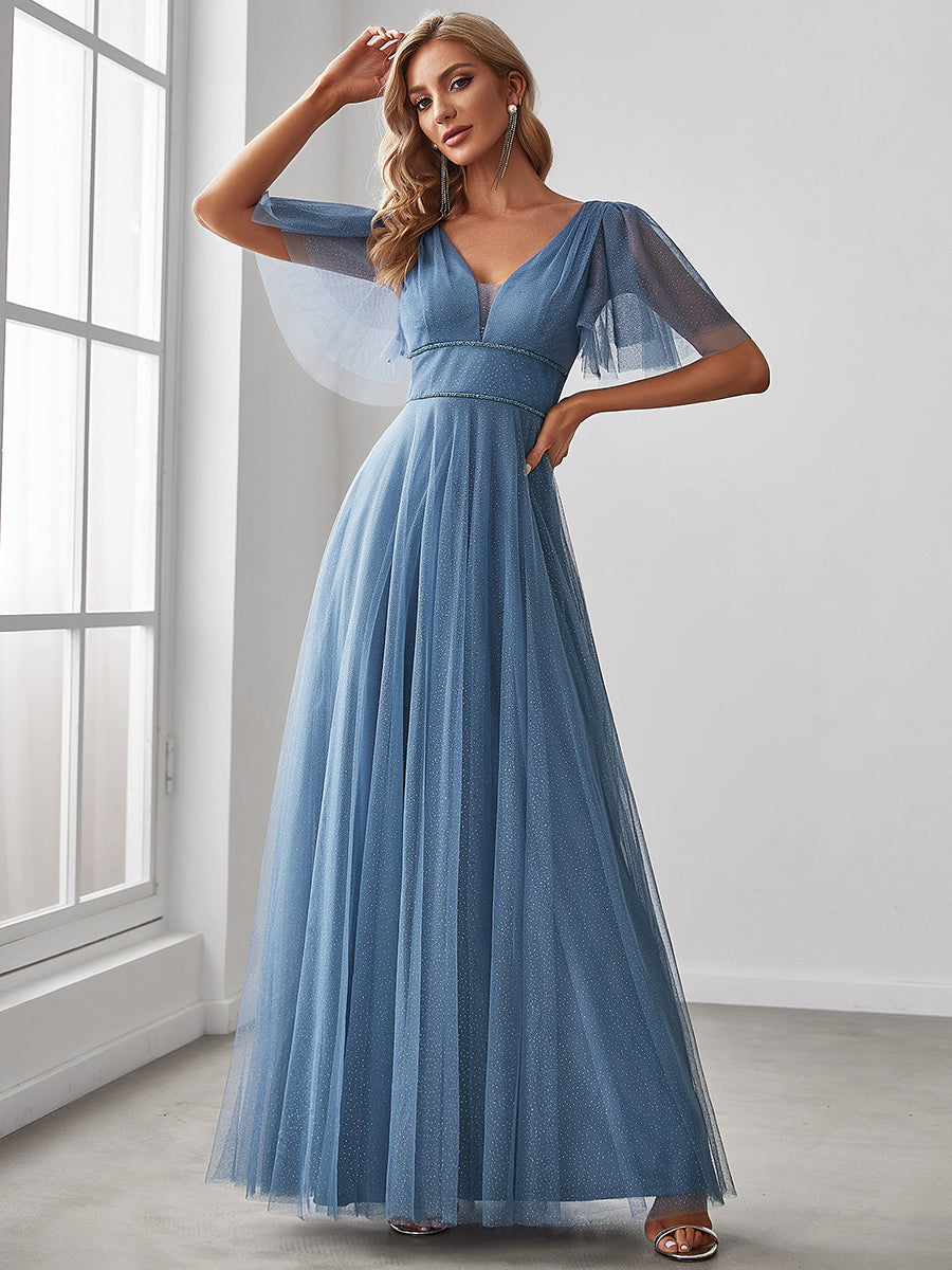 Color=Dusty Blue | Plus Size Wholesale Tulle Evening Dress With Deep V Neck-Dusty Blue 1