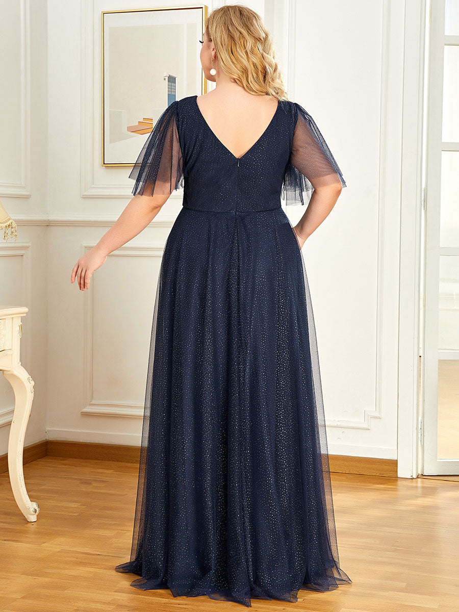 Color=Navy Blue | Plus Size Wholesale Tulle Evening Dress With Deep V Neck-Navy Blue 2