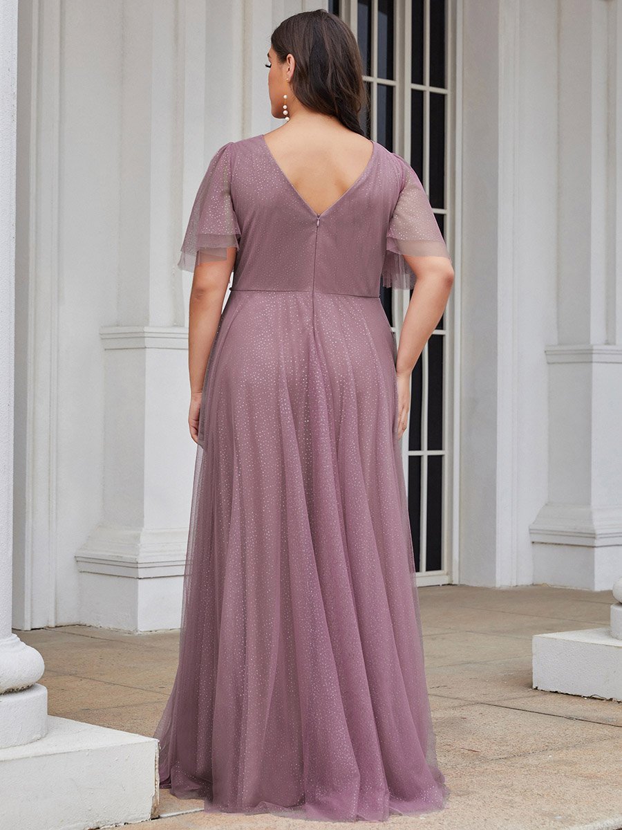 Color=Orchid | Plus Size Wholesale Tulle Evening Dress With Deep V Neck-Orchid 2
