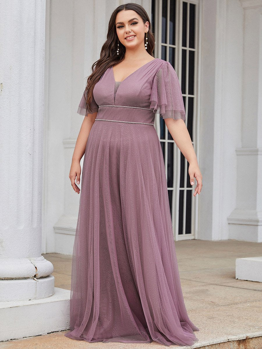 Color=Orchid | Plus Size Wholesale Tulle Evening Dress With Deep V Neck-Orchid 3