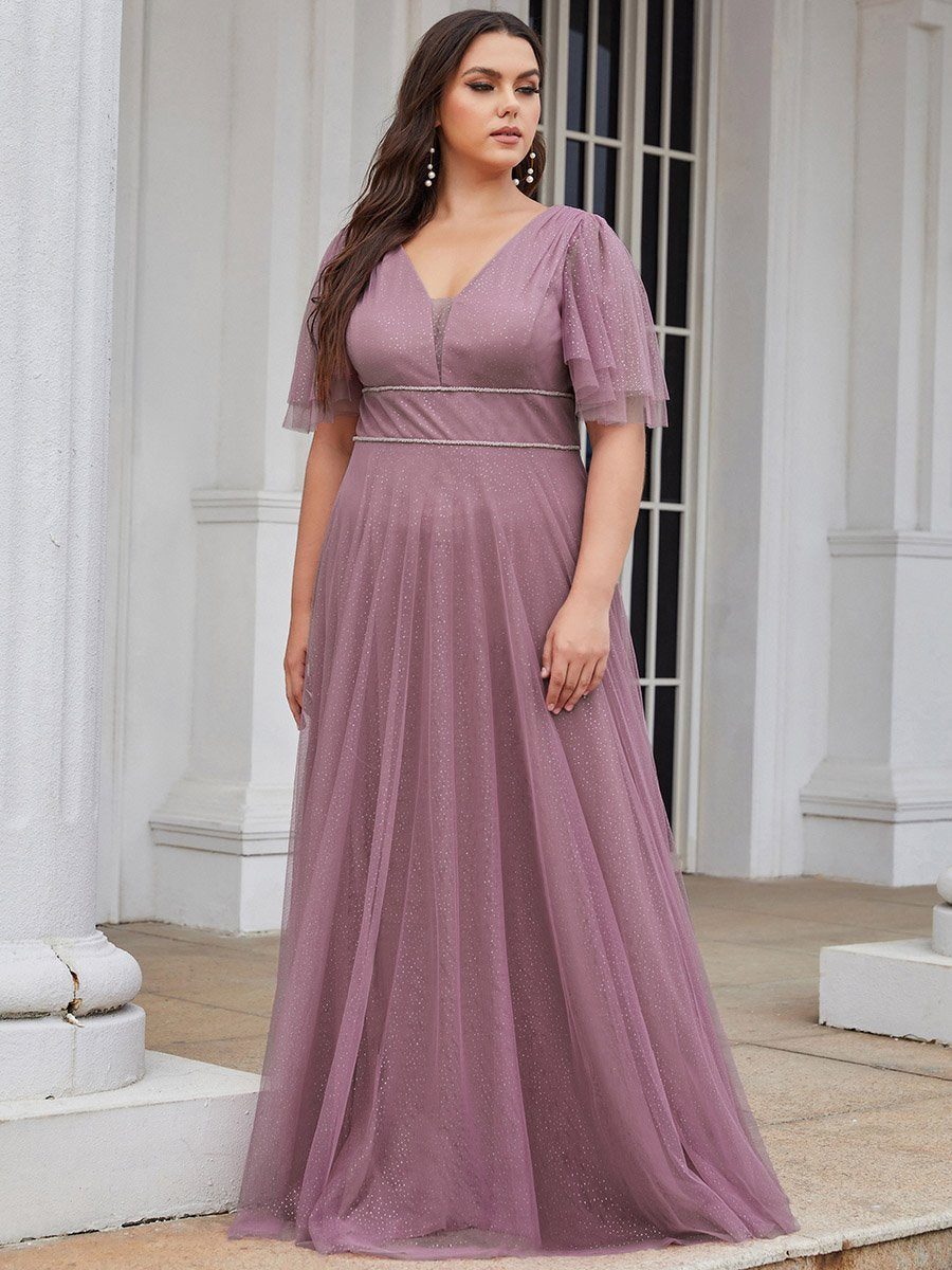 Color=Orchid | Plus Size Wholesale Tulle Evening Dress With Deep V Neck-Orchid 4