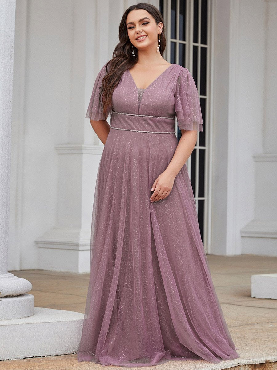 Color=Orchid | Plus Size Wholesale Tulle Evening Dress With Deep V Neck-Orchid 1