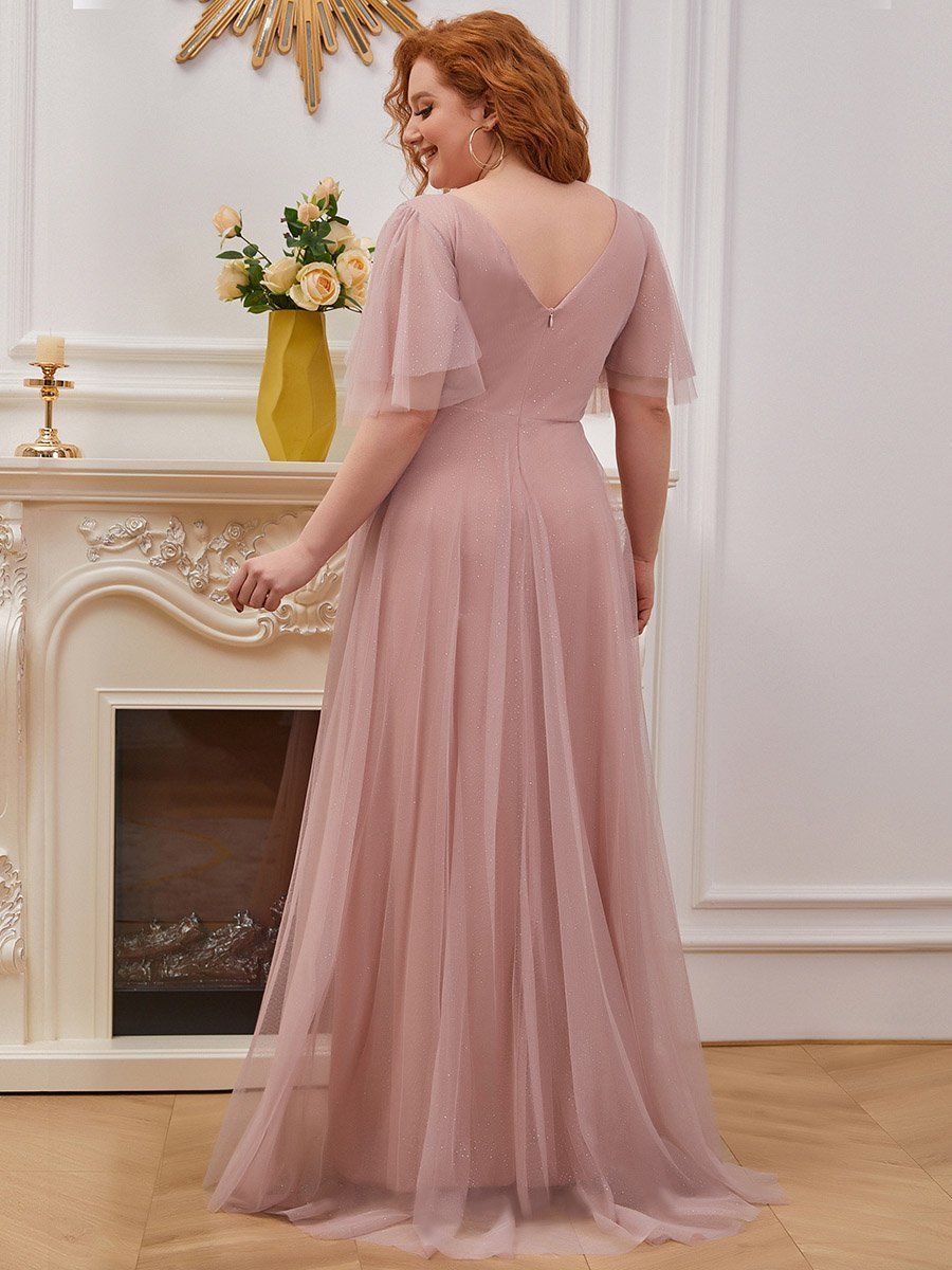Color=Pink | Plus Size Wholesale Tulle Evening Dress With Deep V Neck-Pink 2