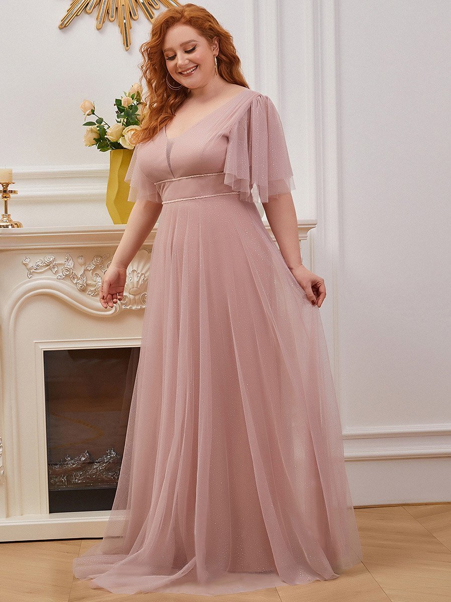 Color=Pink | Plus Size Wholesale Tulle Evening Dress With Deep V Neck-Pink 3