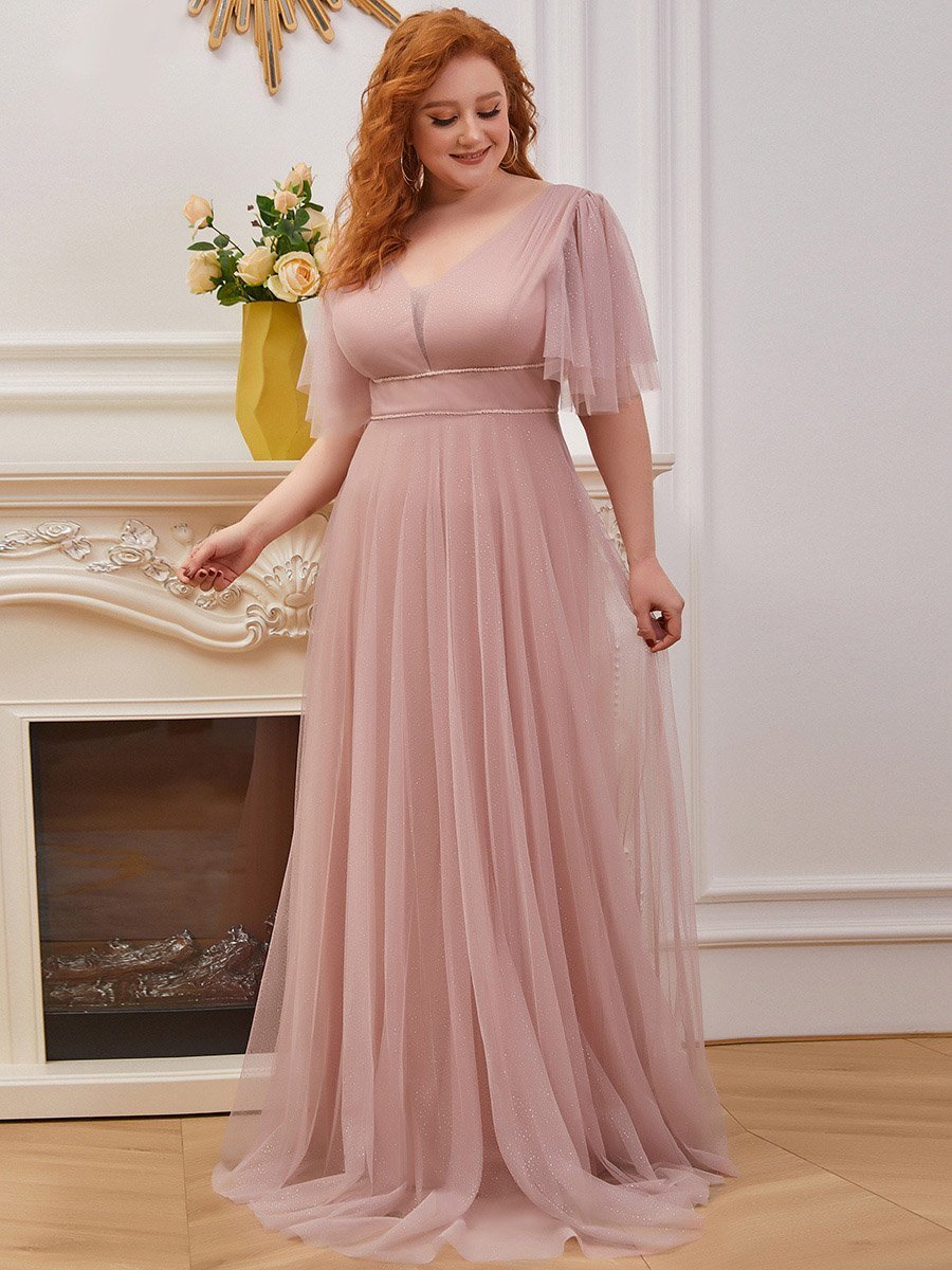 Color=Pink | Plus Size Wholesale Tulle Evening Dress With Deep V Neck-Pink 4